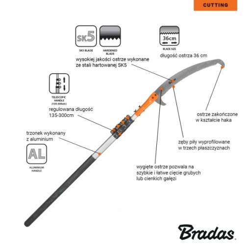 Piła z hakiem teleskopowym do cięcia gałęzi i drewna 5,5m KT-V1501-550