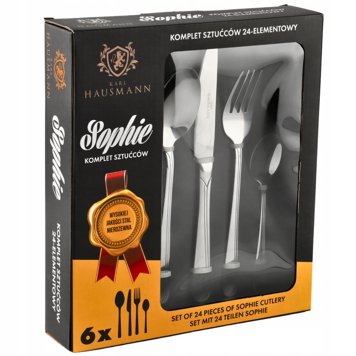SZTUĆCE ZESTAW SZTUĆCÓW KOMPLET 24el dla 6 osob SOPHIE+PUDEŁKO POŁYSK