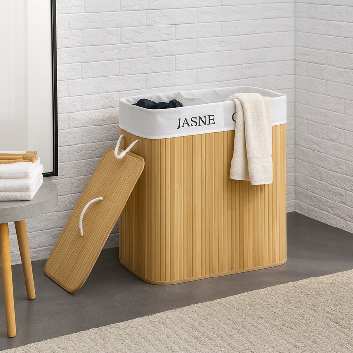 KOSZ BAMBUSOWY NA PRANIE BIELIZNĘ ZAMYKANY DWUKOMOROWY POJEMNIK WĄSKI 100L