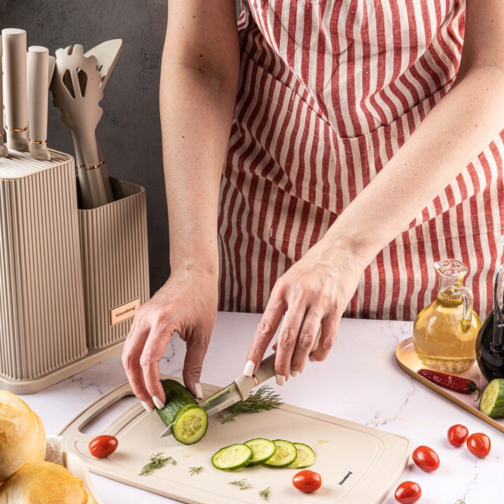 Komplet 5 Noży + Zestaw 5 przyborów kuchennych + deska do krojenia + Stojak