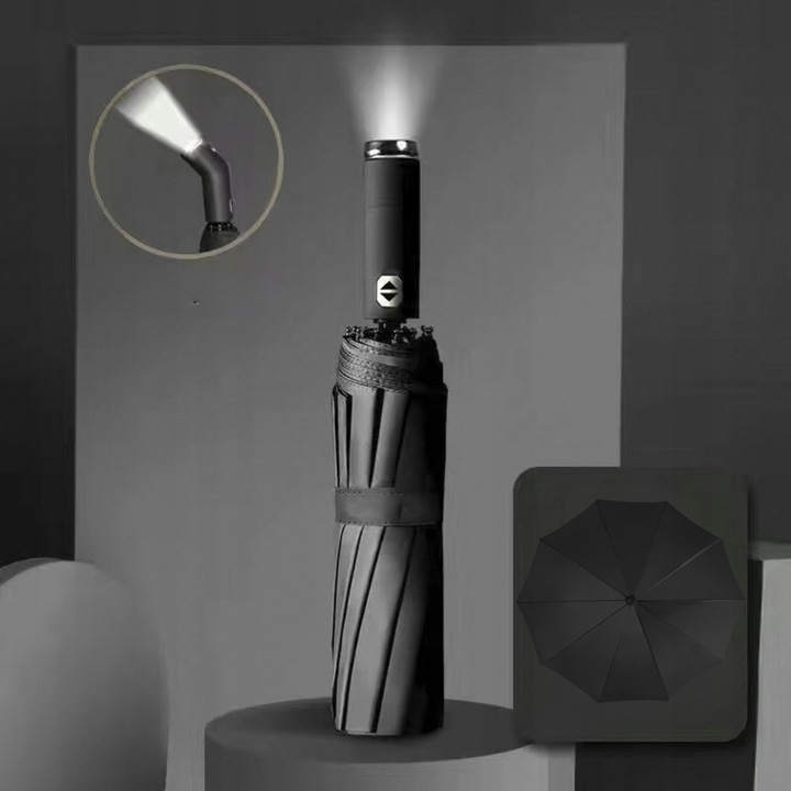 PARASOLKA AUTOMATYCZNA Z LATARKĄ LED PARASOL SKŁADANY PEŁEN AUTOMAT CZARNY