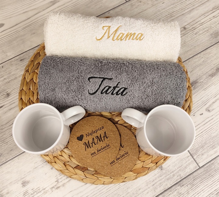 PREZENT NA DZIEŃ MAMY MATKI DLA TATY OJCA ZESTAW KUBEK RĘCZNIKI Z HAFTEM