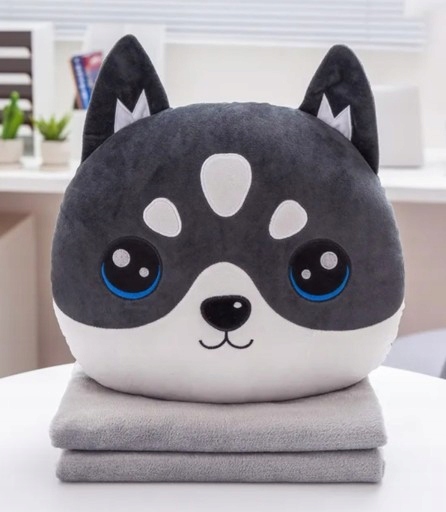MASKOTKA PODUSZKA KOC OGRZEWACZ DO RĄK PIES HUSKY POPIELATY Z KOCEM 4w1