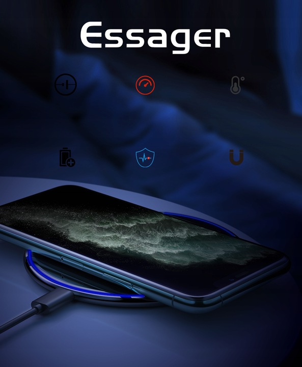 SZYBKA ŁADOWARKA INDUKCYJNA QI BEZPRZEWODOWA 15W ESSAGER 3A QC 3000mA LED