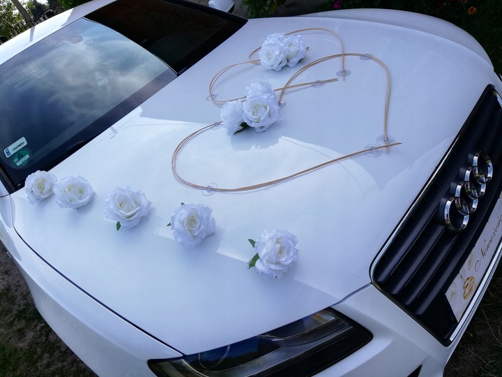 PIĘKNA DEKORACJA NA AUTO ŚLUBNE, OZDOBY WESELNE