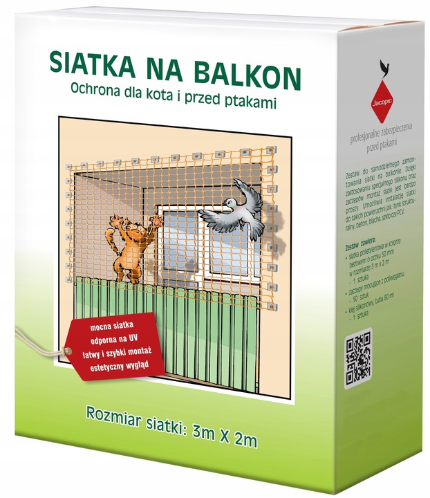 ZESTAW SIATKA NA BALKON DLA KOTA PTAKI GOŁĘBIE 2X3 OCZKO 50mm BEZ WIERCENIA