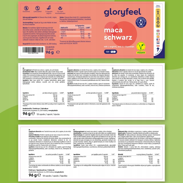 CZARNA MACA 1350mg z witaminą B6 i 12 i CYNK 120 kaps. gloryfeel