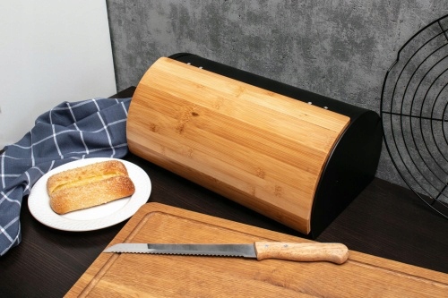 CHLEBAK NA PIECZYWO BUŁKI CHLEB POJEMNIK CZARNY BAMBUS DUŻY + NÓŻ