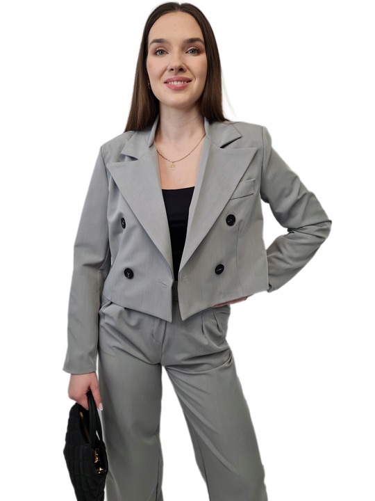 Nowoczesny GARNITUR DAMSKI Szary, Krótka Marynarka i Szerokie Spodnie, r.M
