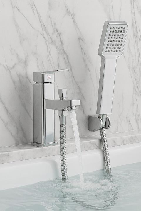 Bateria wannowa stojąca jednootworowa z prysznicem i wężem chrom