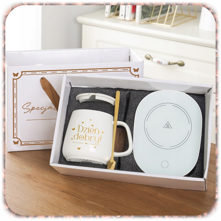 ZESTAW PREZENTOWY PODGRZEWACZ KABEL KUBEK POKRYWKA ŁYŻECZKA DO KAWY