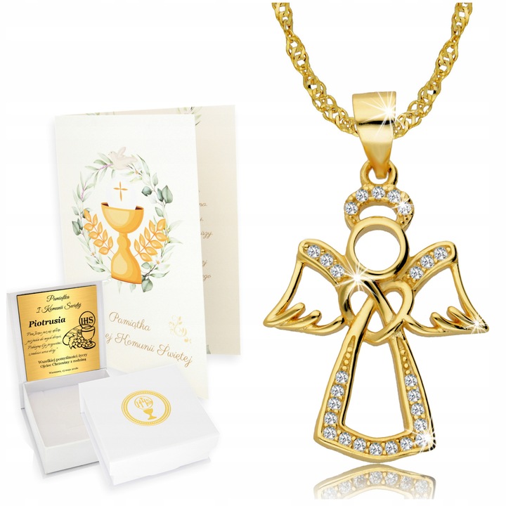 Złoty Łańcuszek Medalik Aniołek Chrzest Dziecka Komunia Bierzmowanie Roczek