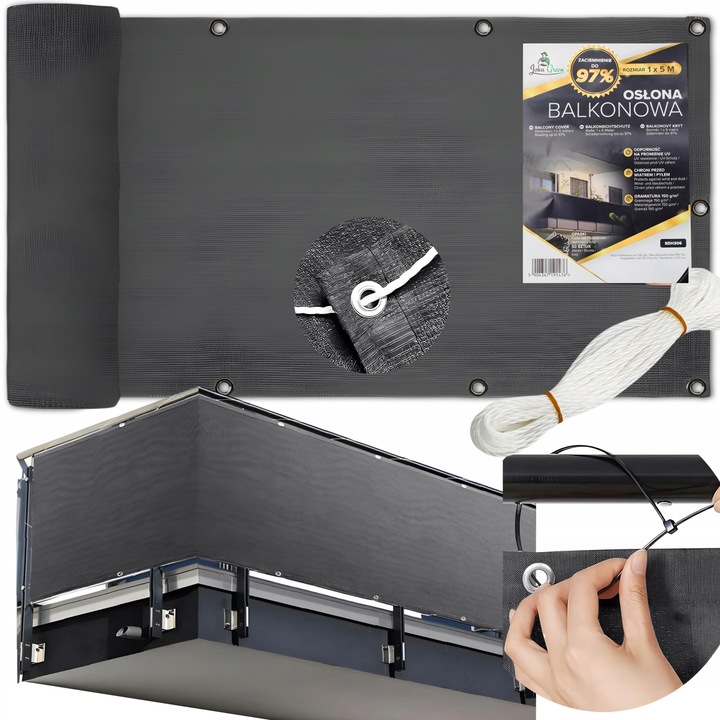 OSŁONA NA BALKON 97% SZARA NA TARAS PŁOT MATA BALKONOWA Z OKUCIAMI