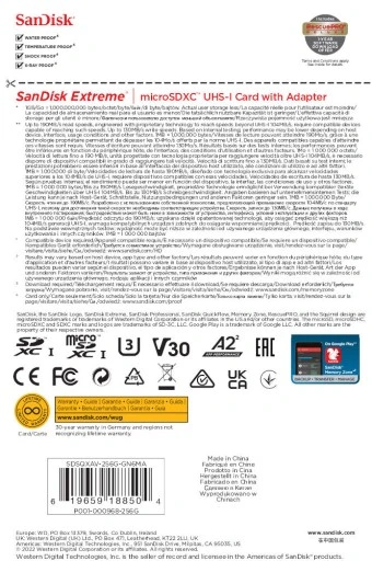 Karta micro SD SANDISK EXTREME 256GB 190/130 V30