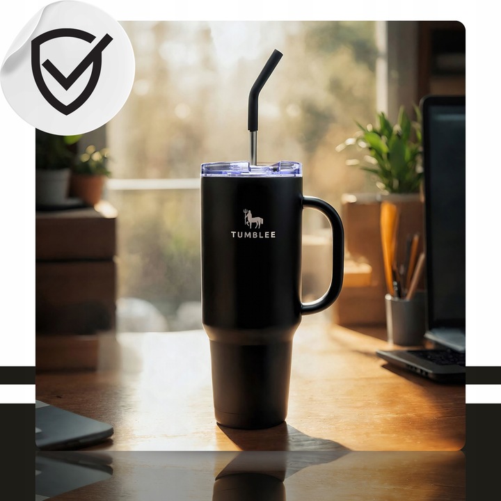 DUŻY Kubek Termiczny ze STALOWĄ SŁOMKĄ do Auta na Kawę Herbatę Zimne Napoje