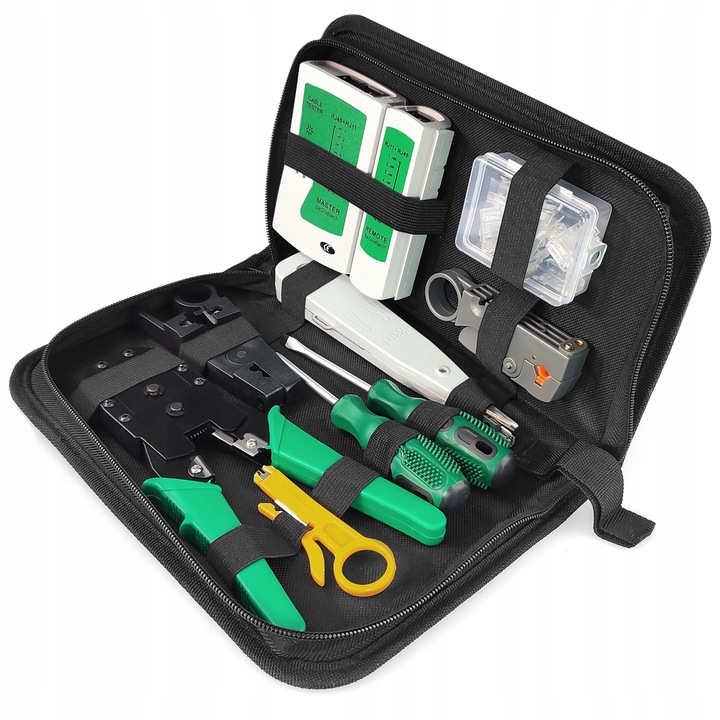 TESTER KABLI SIECIOWYCH WTYK RJ45 ZESTAW NARZĘDZI ŚCIĄGACZ ZACISKARKA LAN3