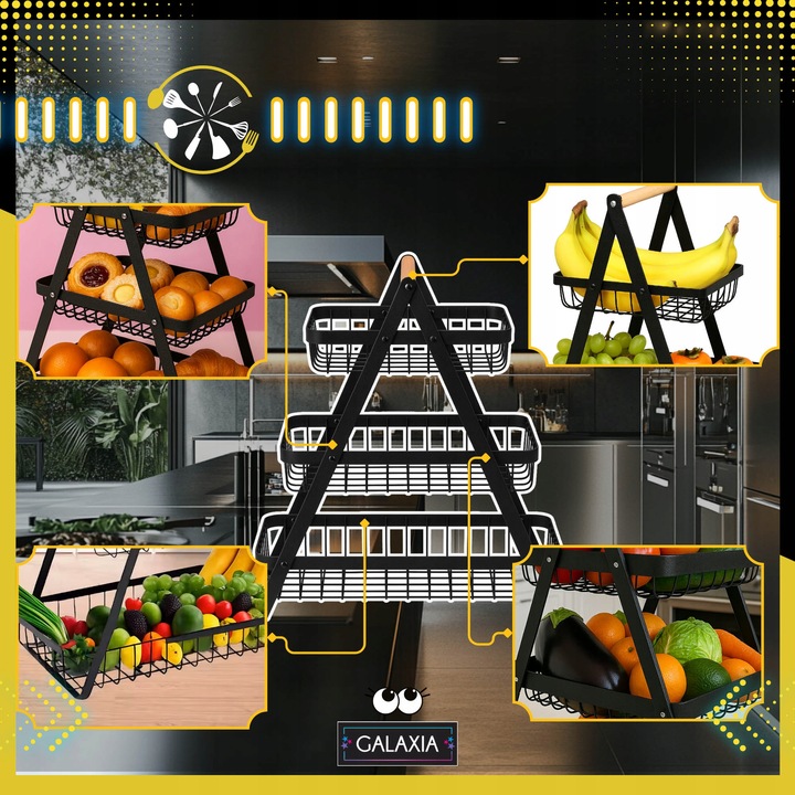 KOSZ NA OWOCE Koszyk na Warzywa Stojak Piętrowy Czarny 3 Poziomy
