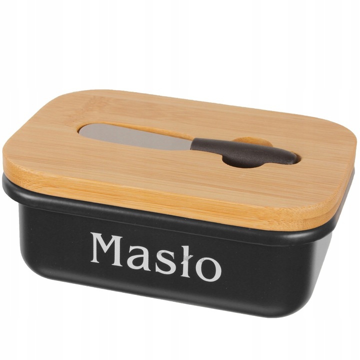 MASELNICZKA POJEMNIK METALOWY Z POKRYWKĄ NA MASŁO Z NOŻEM BAMBUS