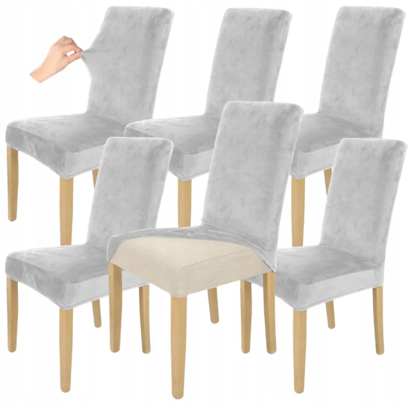 ZESTAW 6 SZT. POKROWCE POKROWIEC NA KRZESŁO JASNY SZARY WELUR ELASTYCZNY