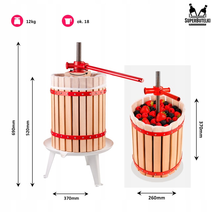 PRASA ŚRUBOWA RĘCZNA do OWOCÓW WINA SOKÓW OLIWY 18 L WYCISKARKA