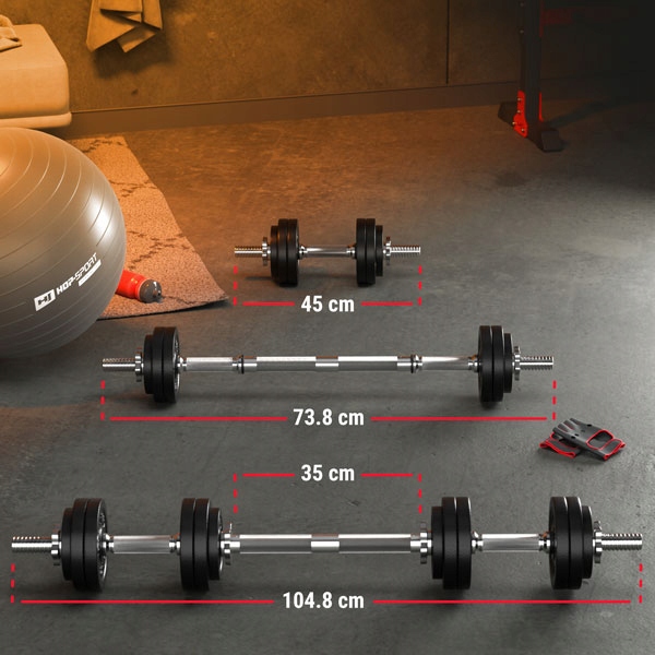 Hantle żeliwne 2x15kg zestaw z przedłużanym gryfem ryflowanym +