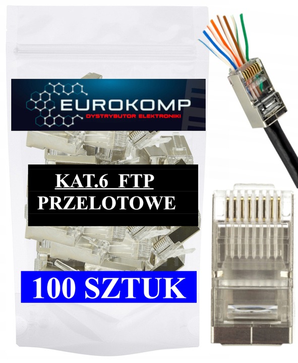 100x KOŃCÓWKI WTYK WTYKI RJ45 8P8C FTP KAT6 PRZELOTOWE EUROKOMP EKRANOWANE