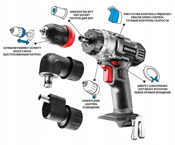 GRAPHITE Wiertarko Wkrętarka Akumulatorowa 18V Energy + 3 Adaptery