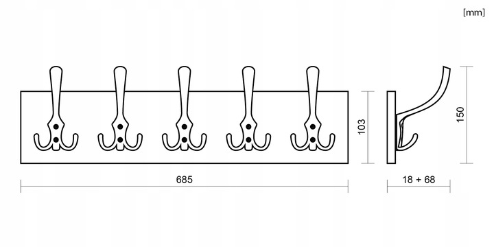 KLASYCZNY WIESZAK NA UBRANIA ŚCIENNY WIESZAK DO PRZEDPOKOJU Z 5