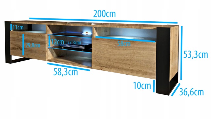 Szafka RTV pod telewizor LOFT 200 200cm loftowa dąb wotan LED
