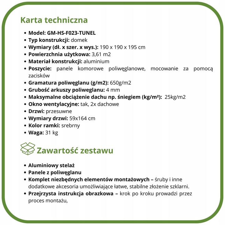 SZKLARNIA OGRODOWA POLIWĘGLAN DOMEK 1,9x1,95m 3,61m2 OCHRONA UV