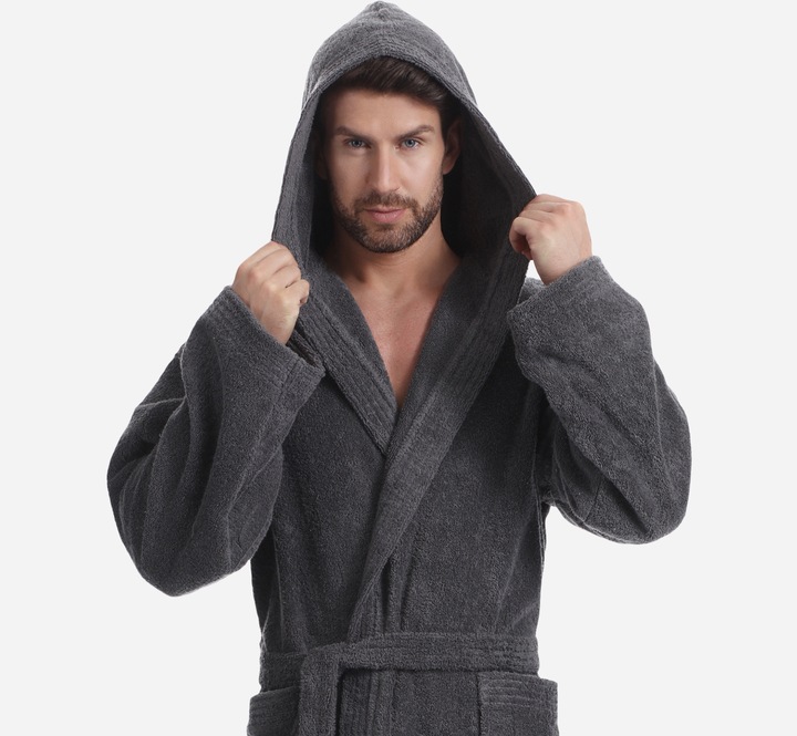 Szlafrok Męski z Kapturem Frotte 100% Bawełna Kieszenie L-101