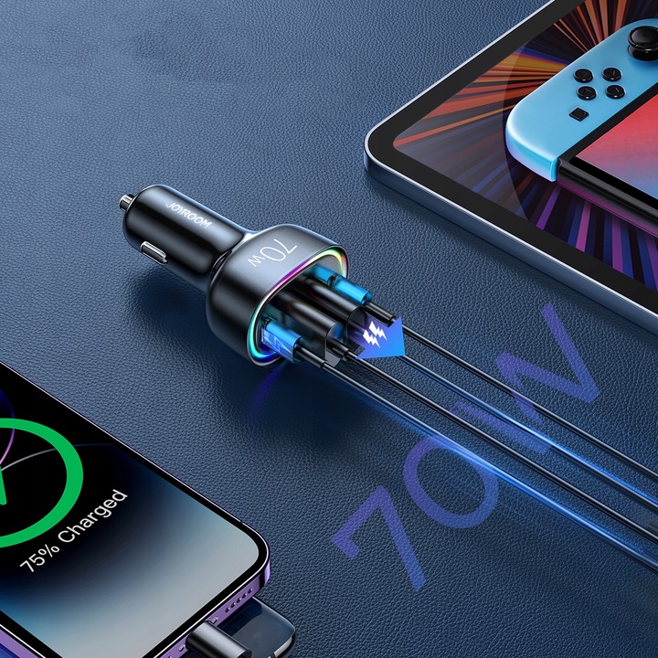 SZYBKA ŁADOWARKA SAMOCHODOWA 70W 4 PORTY 2xUSB 2xUSB-C PD QC 3.0