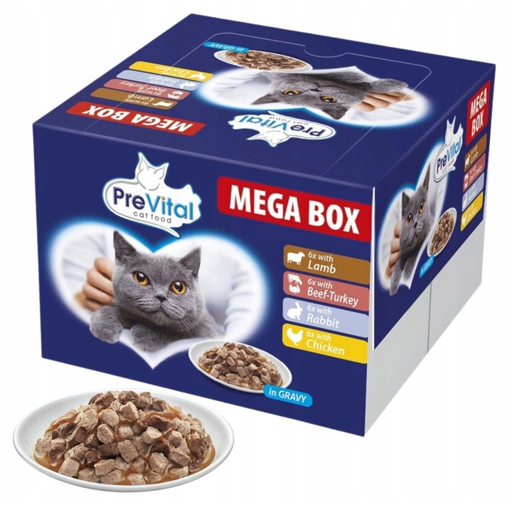 MOKRA KARMA DLA KOTA MEGA BOX MIX SMAKÓW 24X100G SASZETKI DLA KOTA PREVITAL
