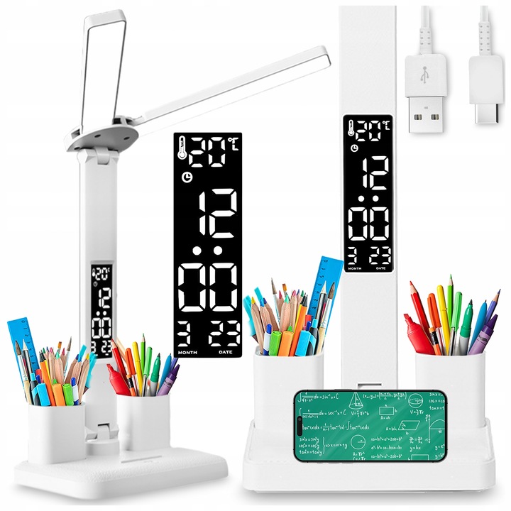 PODWÓJNA LAMPKA BIURKOWA LED Z ORGANIZEREM WYŚWIETLACZEM TEMP ZEGAR