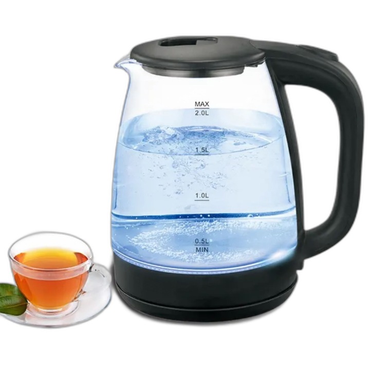 CZAJNIK ELEKTRYCZNY BEZPRZEWODOWY 2,0l 2200W SZKLANY LED CZARNY