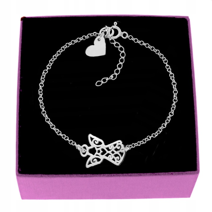 BRANSOLETKA SREBRNA ANIOŁEK AŻUROWY I SERCE SREBRO 925 GRAWER