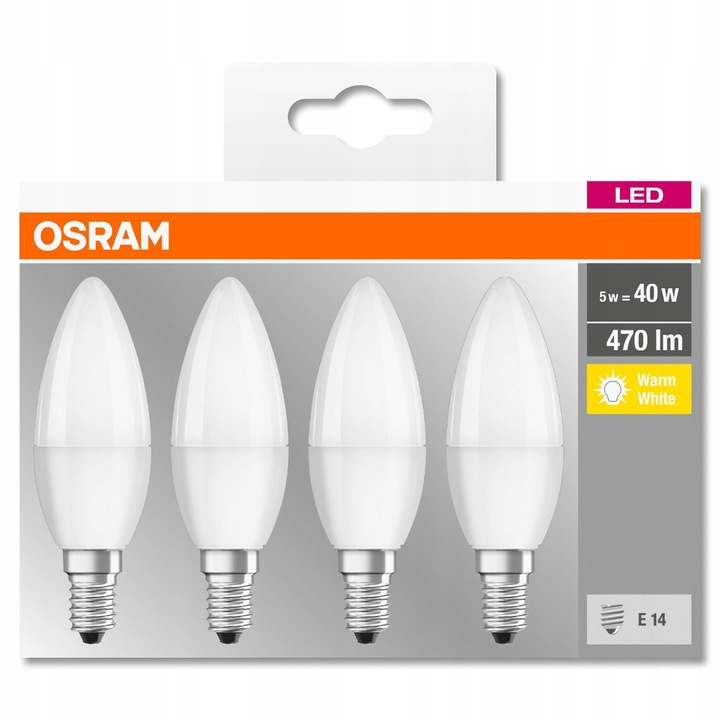 4x Żarówka LED E14 B35 5W = 40W 470lm 2700K Ciepła 300° OSRAM