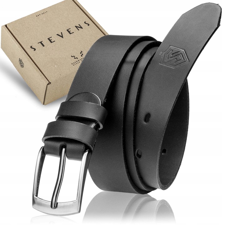 Pasek Męski Skórzany STEVENS Czarny 3cm Wąski Spodni Garnituru Jeans