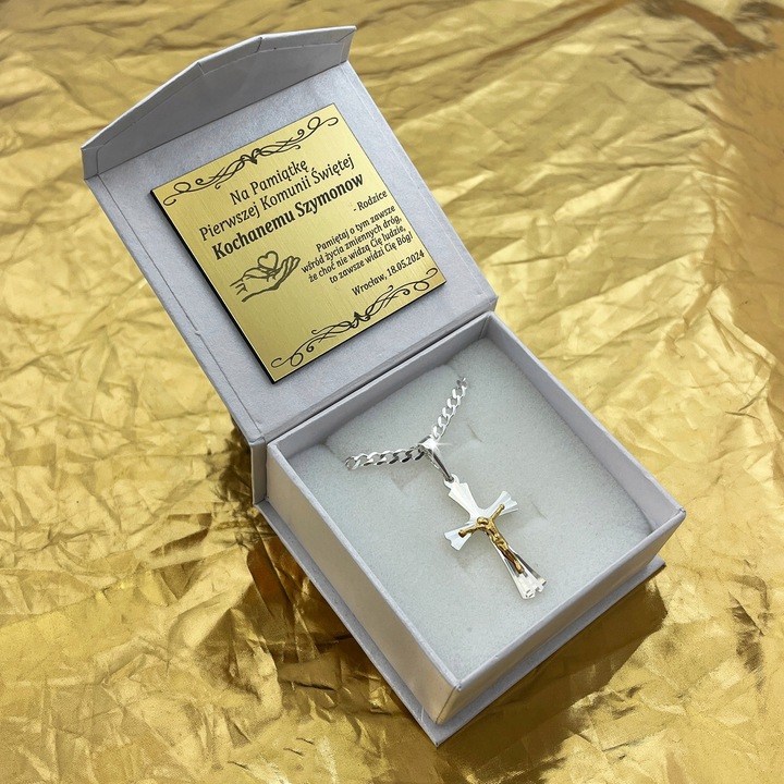 SREBRNY ŁAŃCUSZEK NA KOMUNIĘ CHRZEST DLA CHŁOPCA SREBRO 925 + GRAWER GRATIS