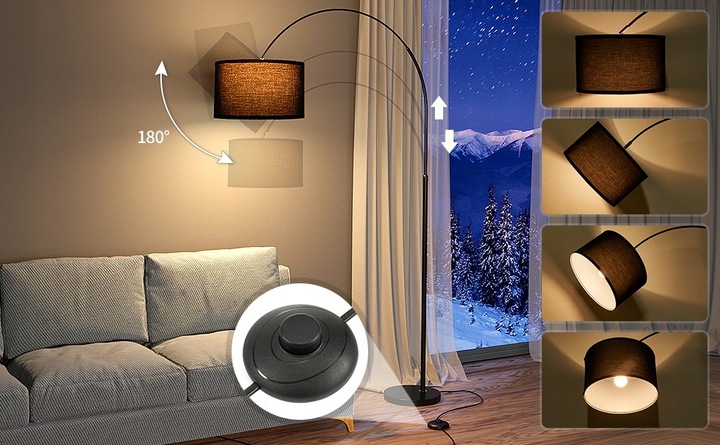 Lampa Podłogowa Łukowa 3000K Regulowana wysokość Czarny klosz E27 9W