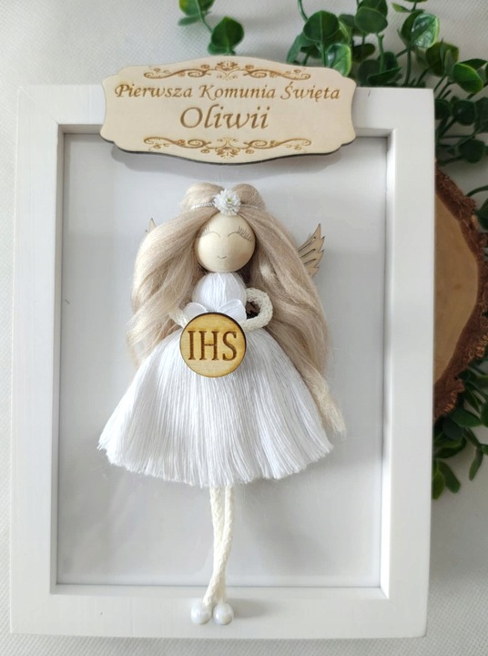 anioł stróż aniołek pamiątka w ramce komunia chrzest makrama urodziny