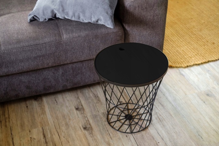 STOLIK KAWOWY METALOWY KOSZ DRUCIANY Z POKRYWĄ OKRĄGŁY CZARNY OZDOBNY