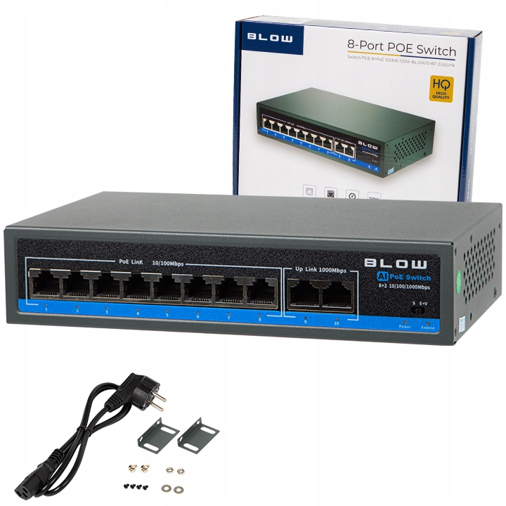 Switch POE do kamer 8xPOE 100Mbps 2xUpLINK 1Gb/s 120W BLOW Extend mode