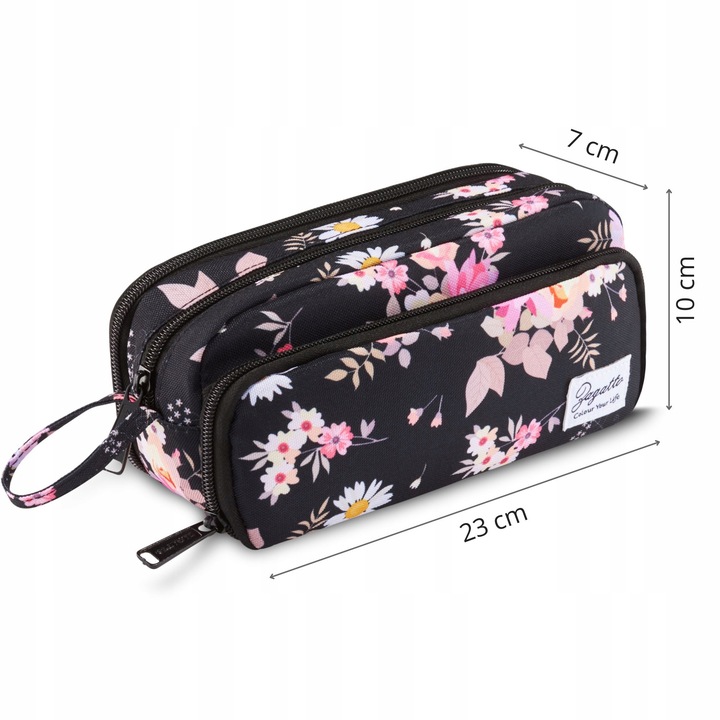 Piórnik szkolny trzykomorowy w kwiaty duży saszetka do szkoły ZAGATTO