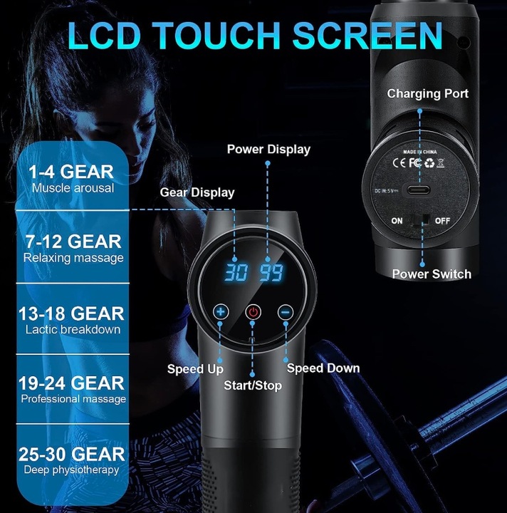 MASAŻER PISTOLET DO MASAŻU ANTYCELULITOWEGO ORAZ MIĘŚNI ZEROLIA 10 NASADEK