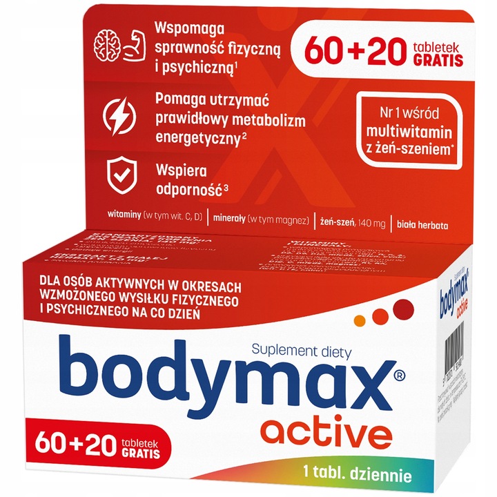 BODYMAX ACTIVE WITAMINY magnez ŻEŃ SZEŃ ODPORNOŚĆ dla AKTYWNYCH 60 + 20 szt