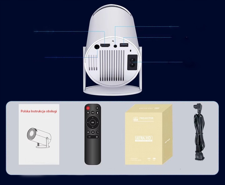 PROJEKTOR RZUTNIK ANDROID TV WIFI FULL HD PRZENOŚNY SMART GŁOŚNIK OBROTOWY