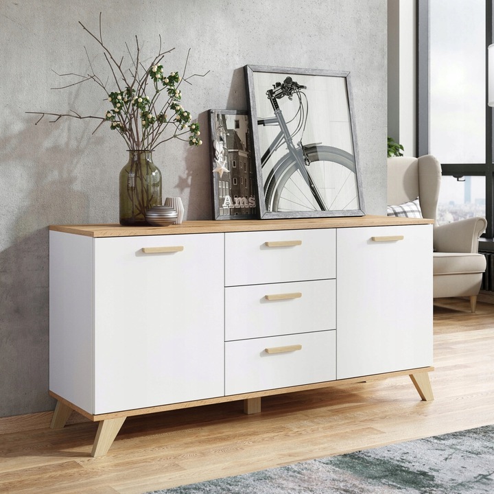 Komoda Szafka RTV 3 Szuflady 2 Drzwi POJEMNA Duża Biala Mat Dąb Wotan