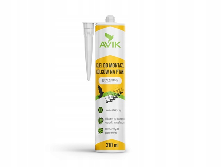PROFESJONALNY BEZBARWNY KLEJ DO MONTAŻU KOLCÓW NA PTAKI GOŁĘBIE AVIK 310ML