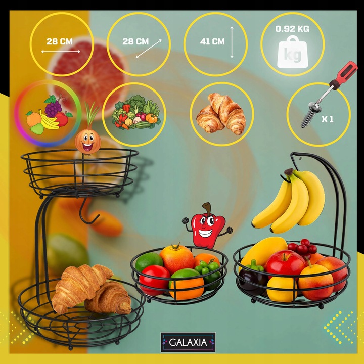 KOSZ NA OWOCE I WARZYWA Koszyk Stojak Piętrowy Czarny Dwupoziomowy